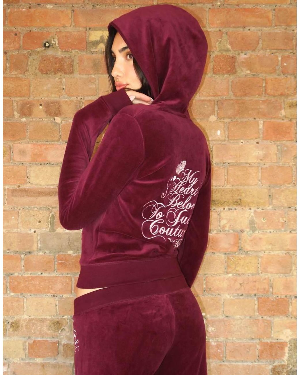 Juicy Couture Purple Robyn Script Logo Rebelle Velour Zip Up Hoodie Co-ord Wine