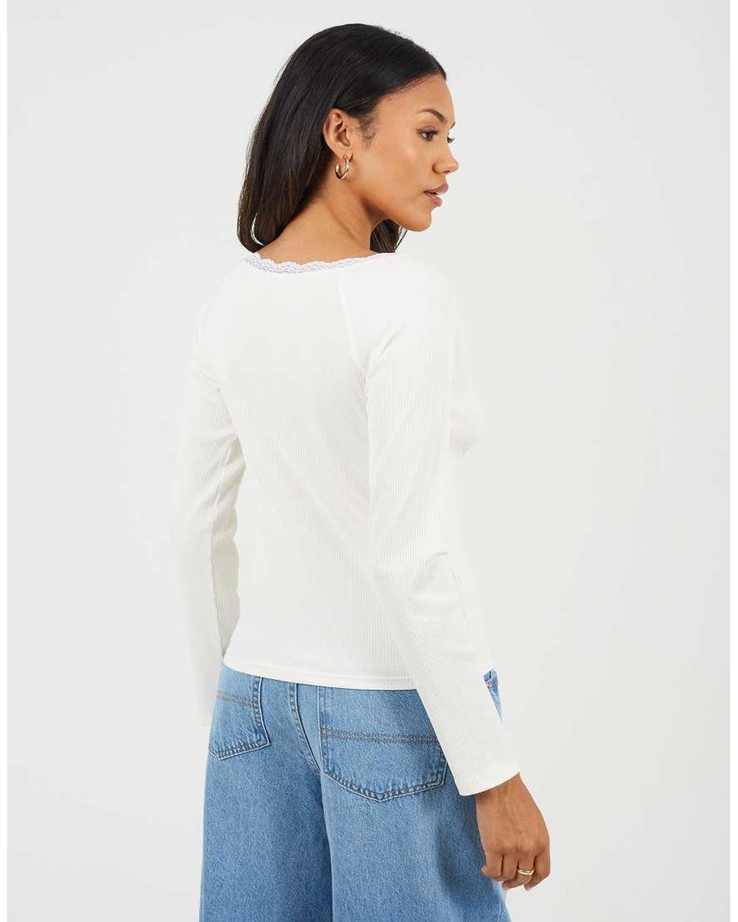 Brave Soul White Ribbed Long Sleeve Top With Lace Trim