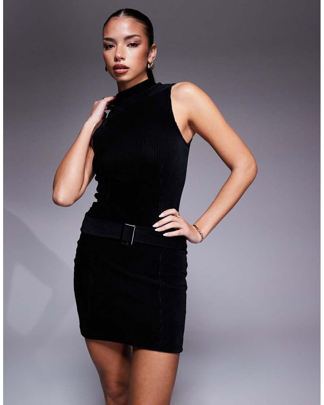 ASOS Black High Neck Belted Cord Mini Dress