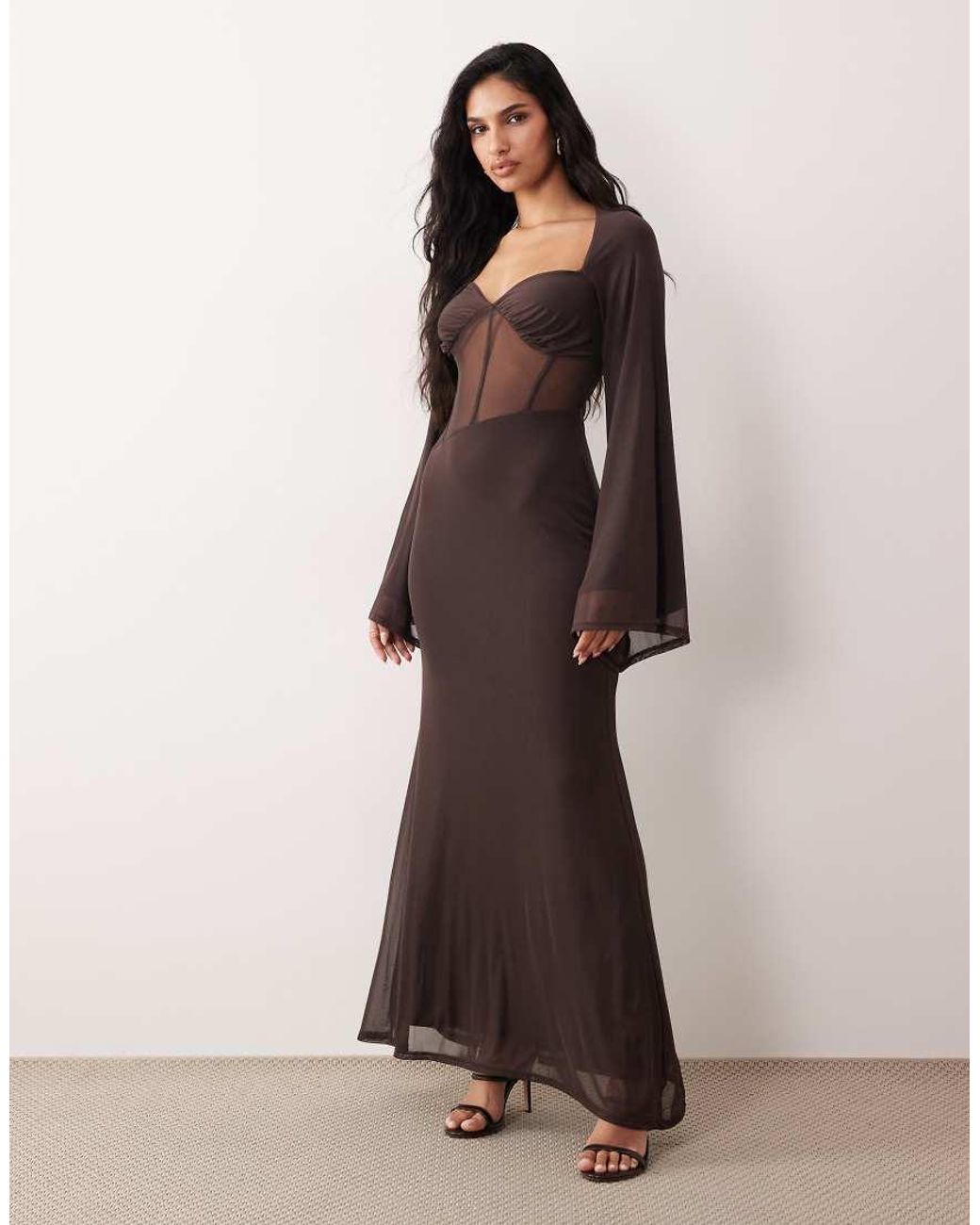 ASOS Brown Mesh Flute Sleeve Corset Detail Maxi Dress