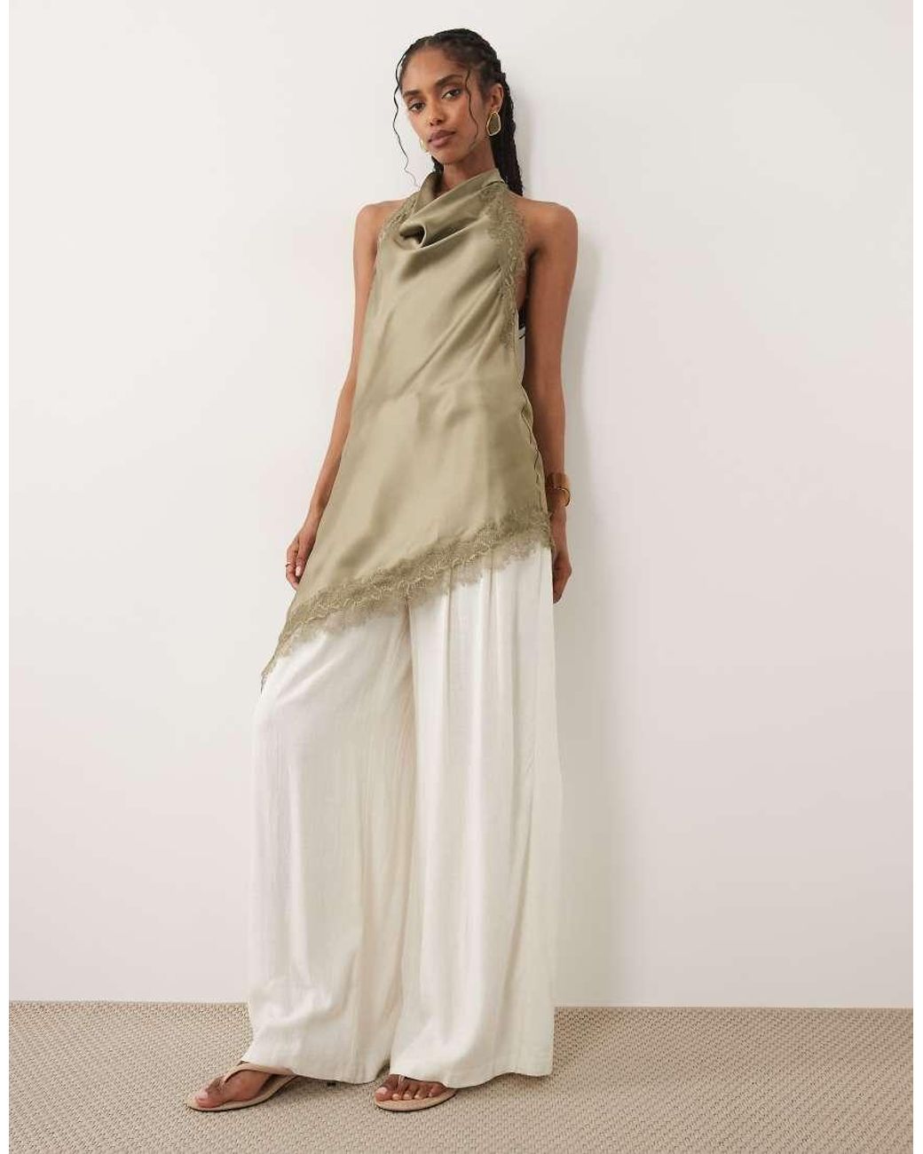 New Look Green Lace Trim Asymmetric Satin Halter Top