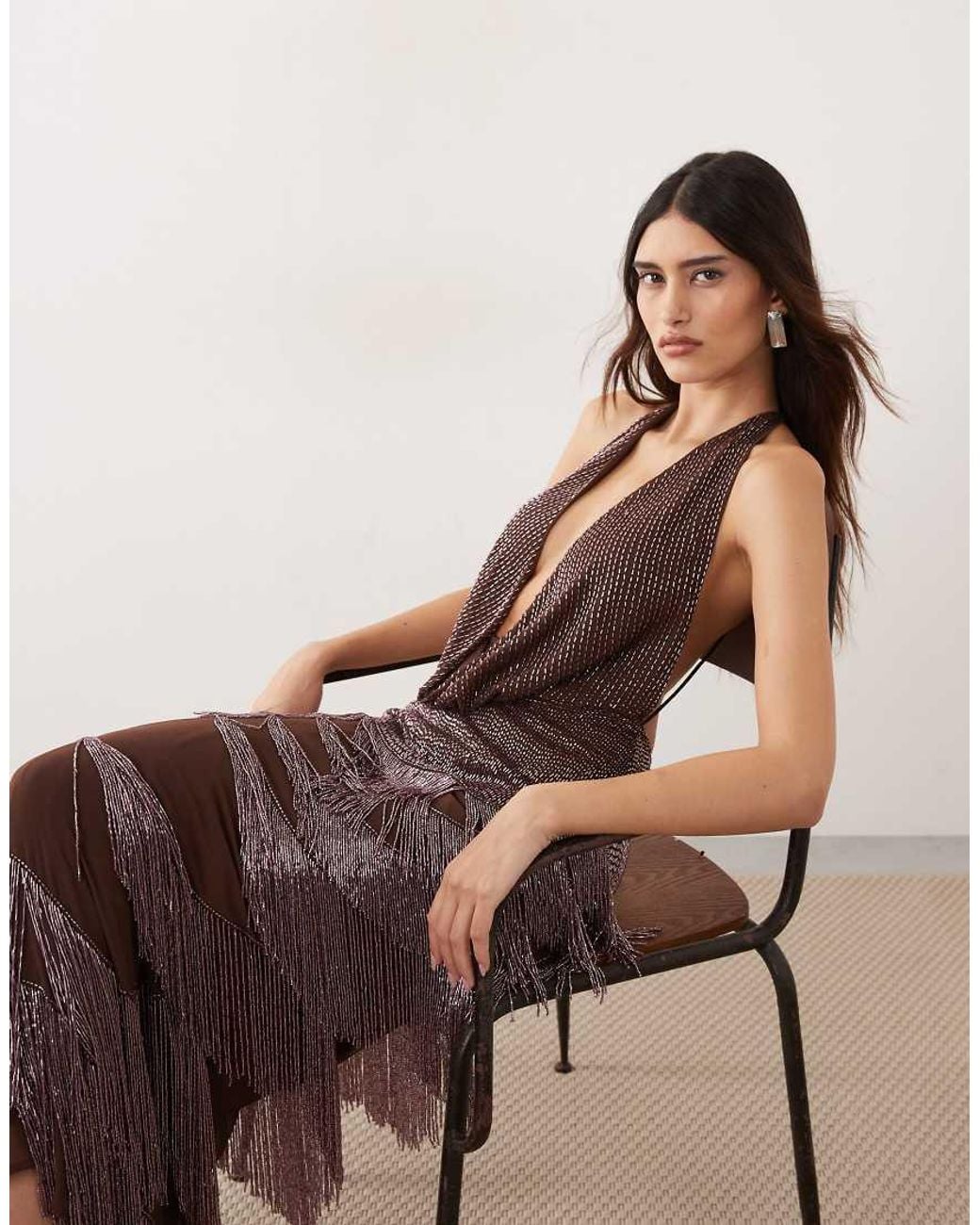ARRANGE Blue Beaded Fringe Plunge Cowl Maxi Dress