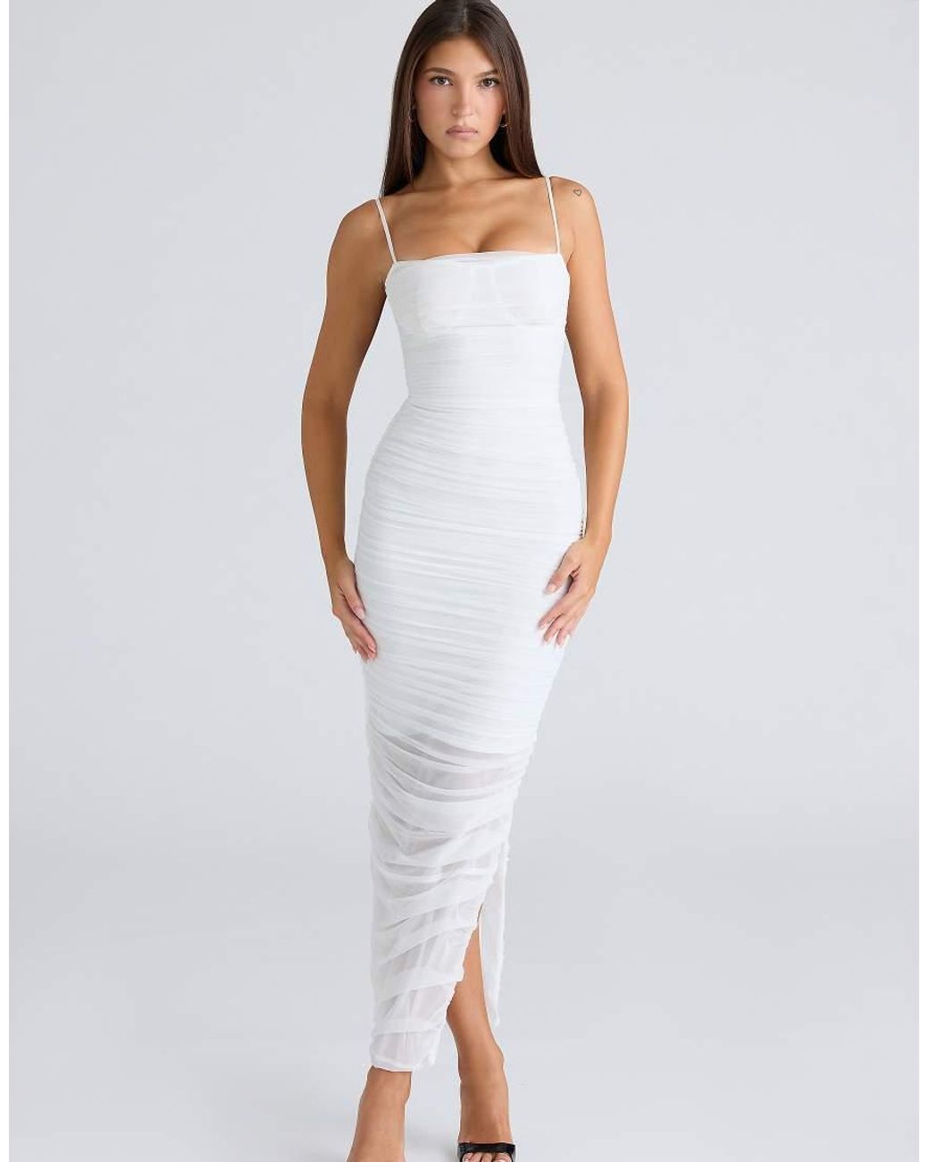 House Of Cb White Fornarina Gathered Stretch Mesh Midi Dress