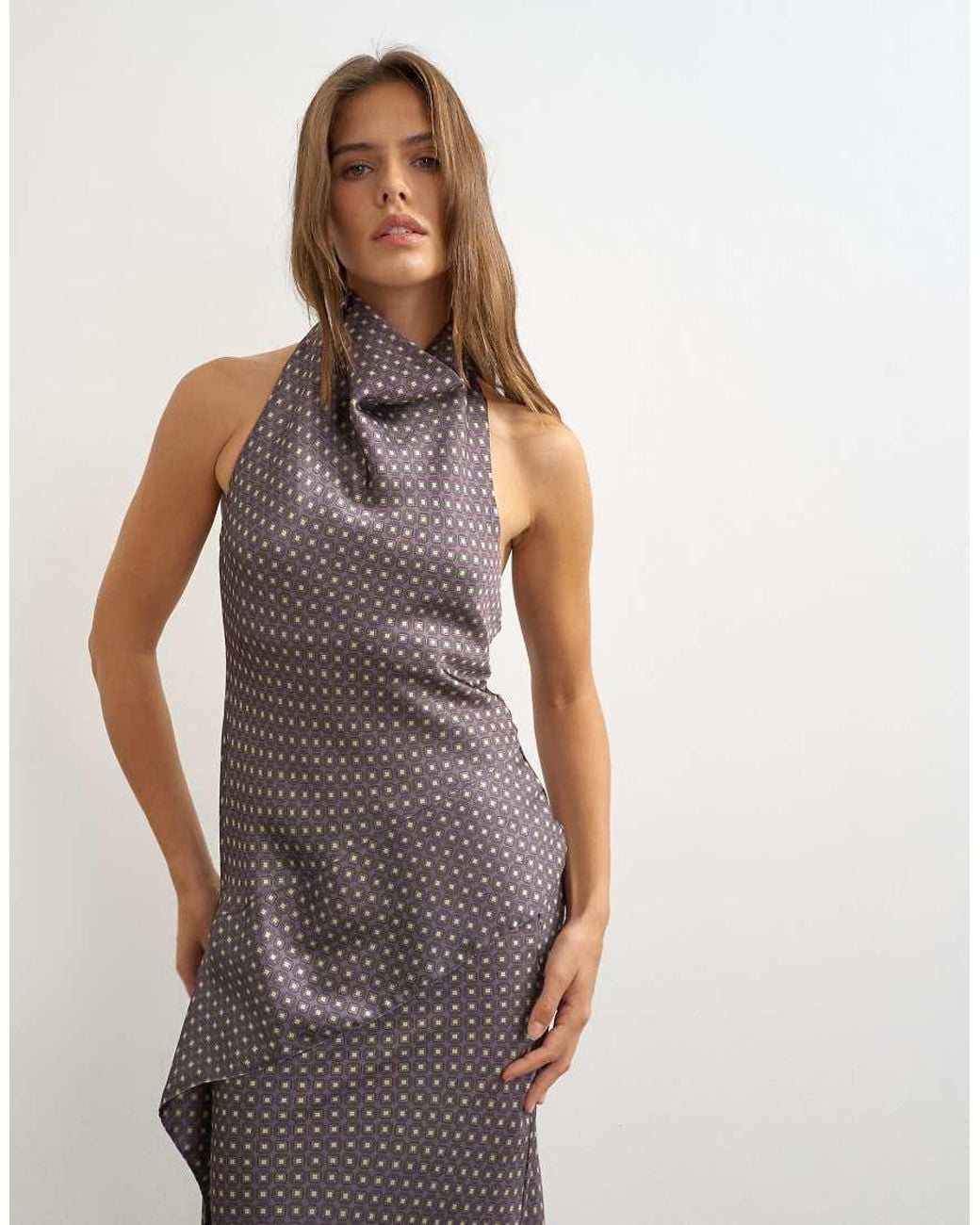 TOPSHOP Gray Satin Tie Print Scarf Detail Asymmetric Top Co Ord