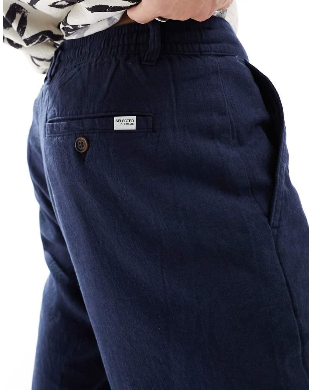 SELECTED Blue Slim Tapered Linen Mix Trouser for men