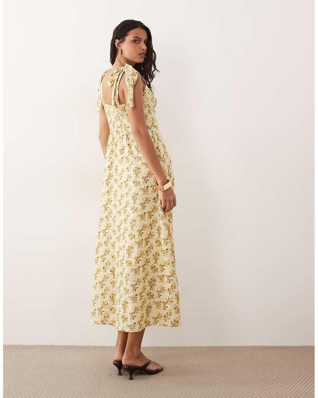 Y.A.S Natural Tie Shoulder Ditsy Floral Print Maxi Dress