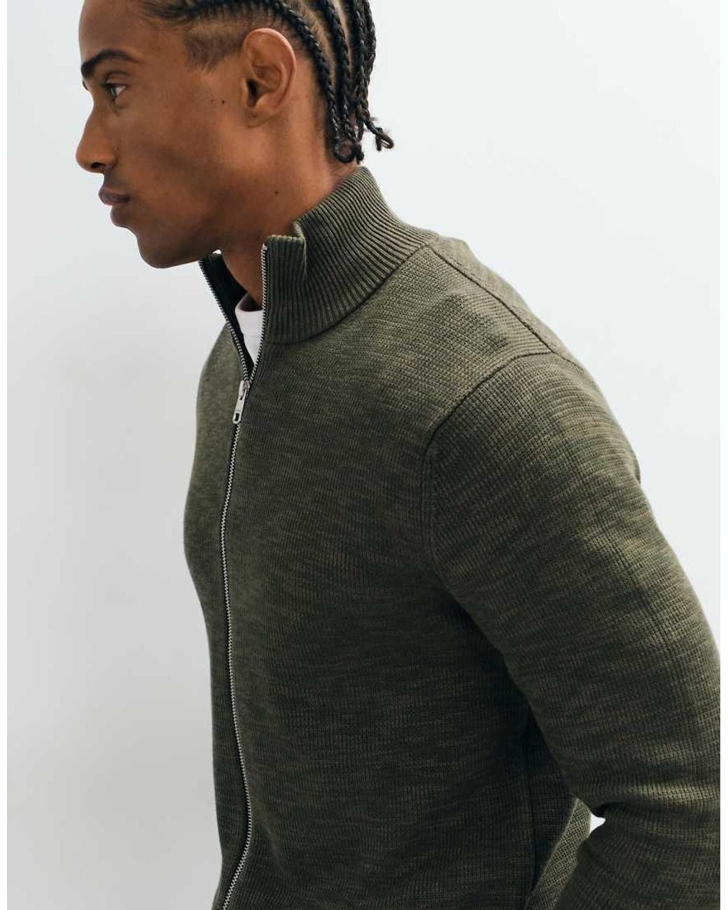 SELECTED Green Double Zip Ribbed Knit Jumper for men