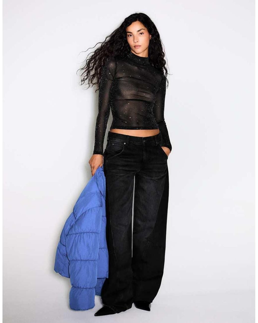 Bershka Black Metallic-thread Long Sleeve T-shirt