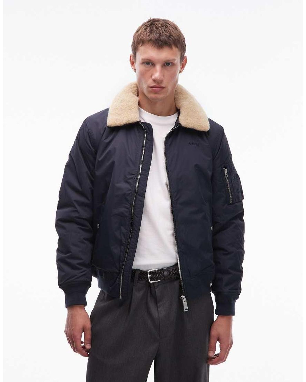 Schott Nyc Blue Logo Patch Zip Pocket Detail Cropped Padded Jacket With Faux Fur Collar for men
