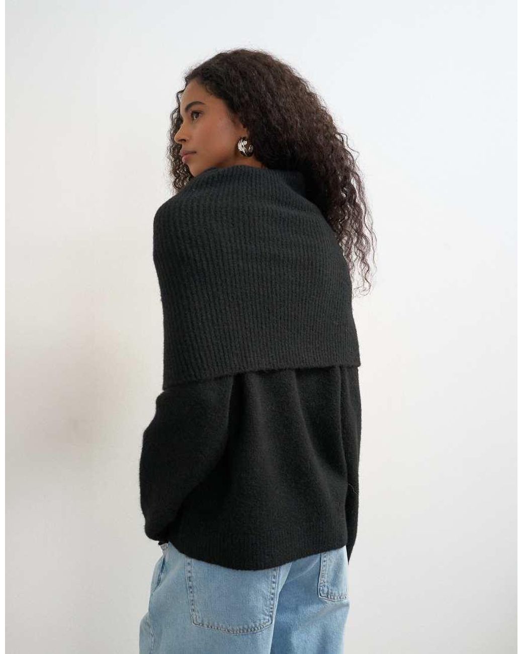TOPSHOP Black Knitted Wool Blend Deep Fold Bardot Jumper