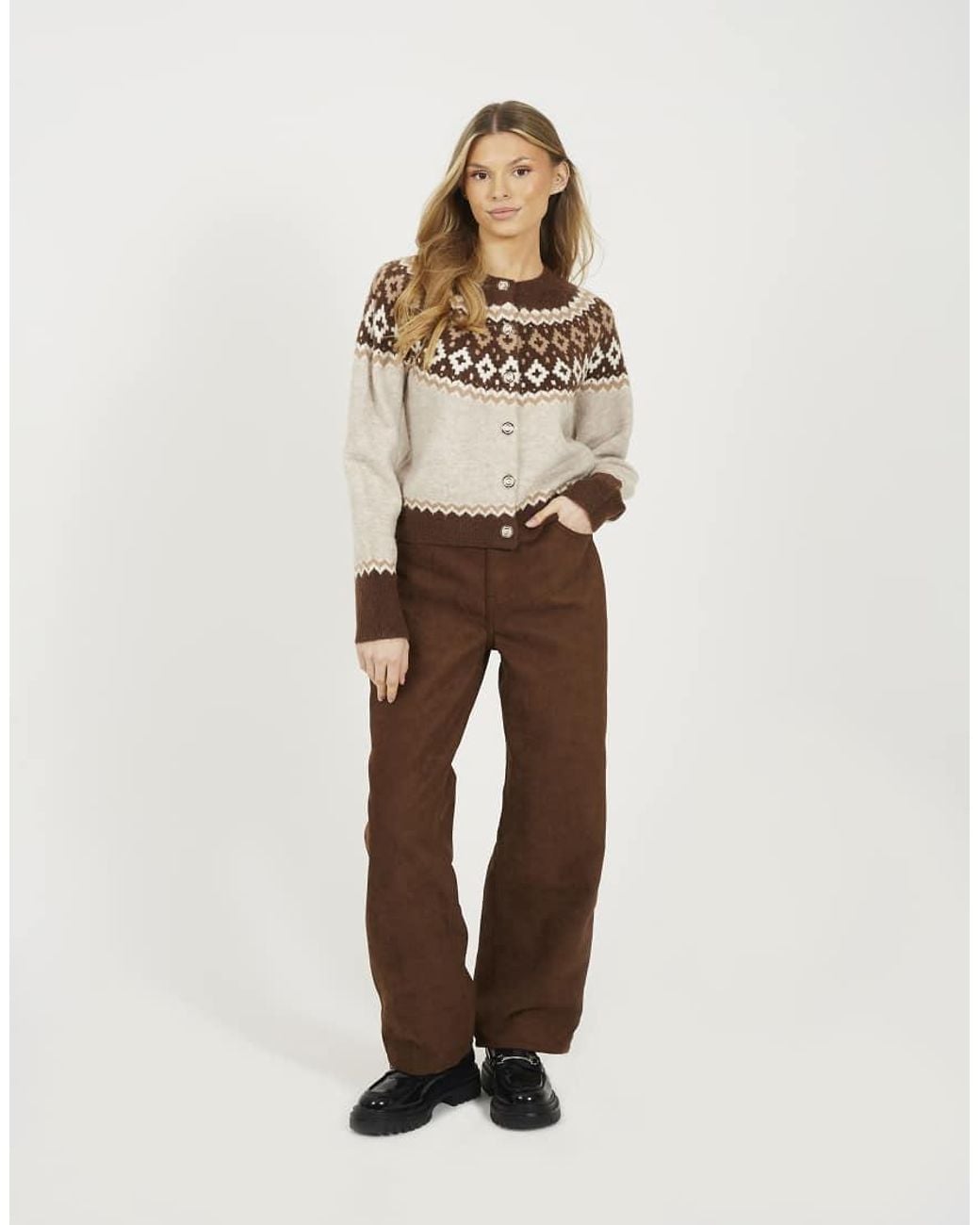 Brave Soul Natural Crew Neck Fairisle Knit Cardigan