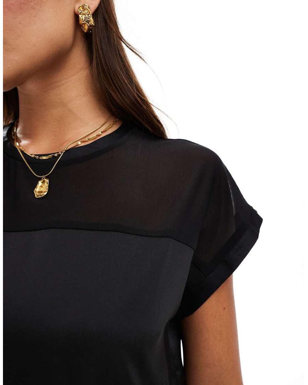 Vila Black Mesh Detail T-shirt With Turn Up Sleeve
