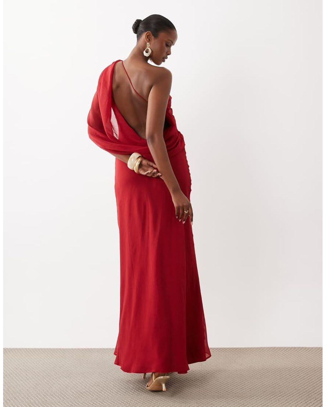 ASOS Red Chiffon Draped Shoulder Maxi Dress With Cowl Back Detail