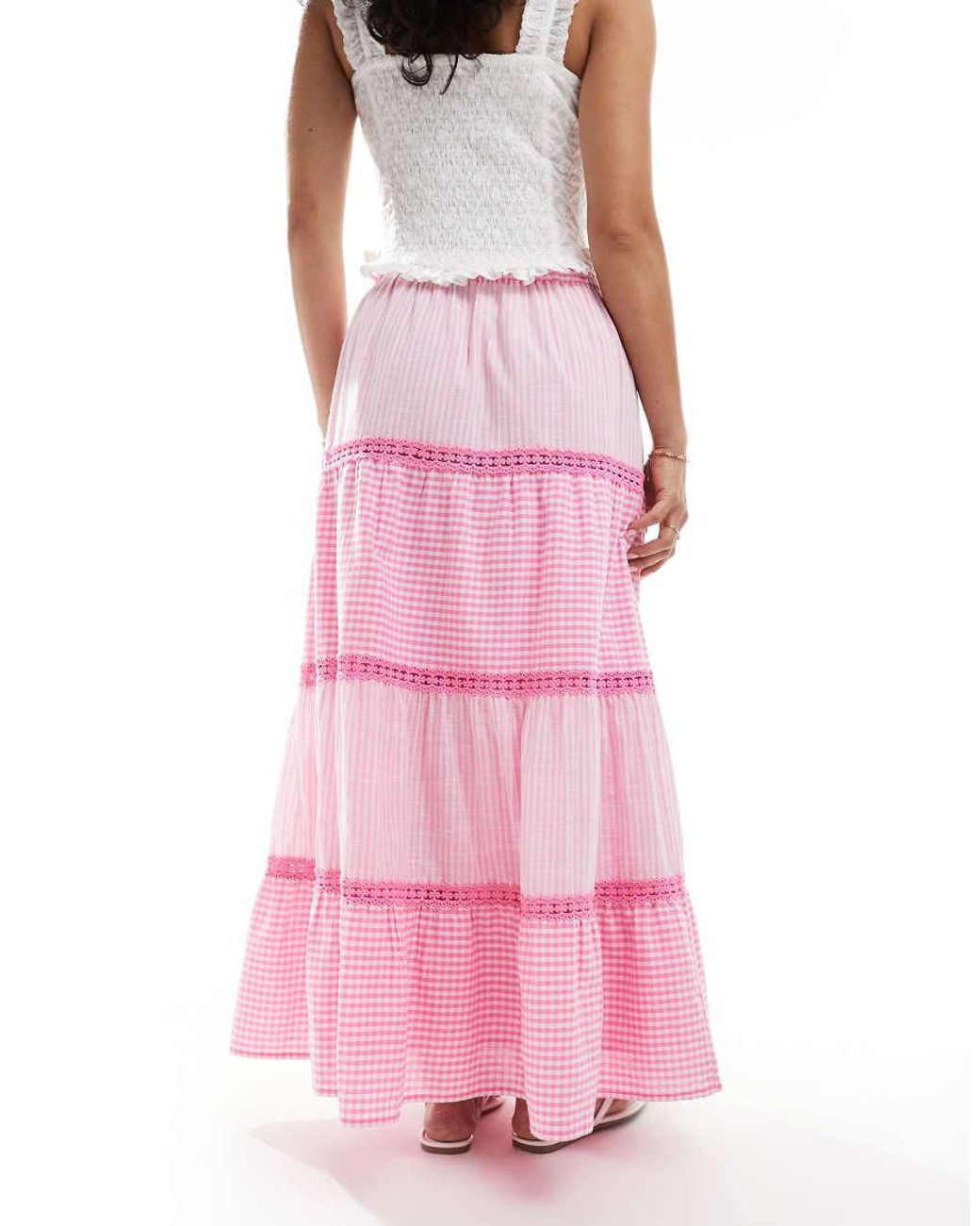 Miss Selfridge Pink Gingham And Stripe Mix Maxi Skirt