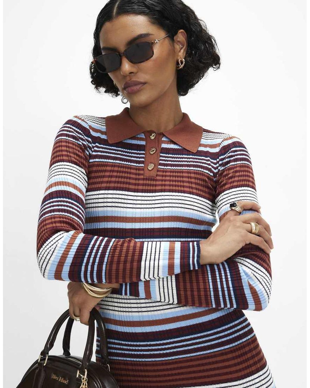 River Island Blue Stripe Knitted Polo Mini Dress