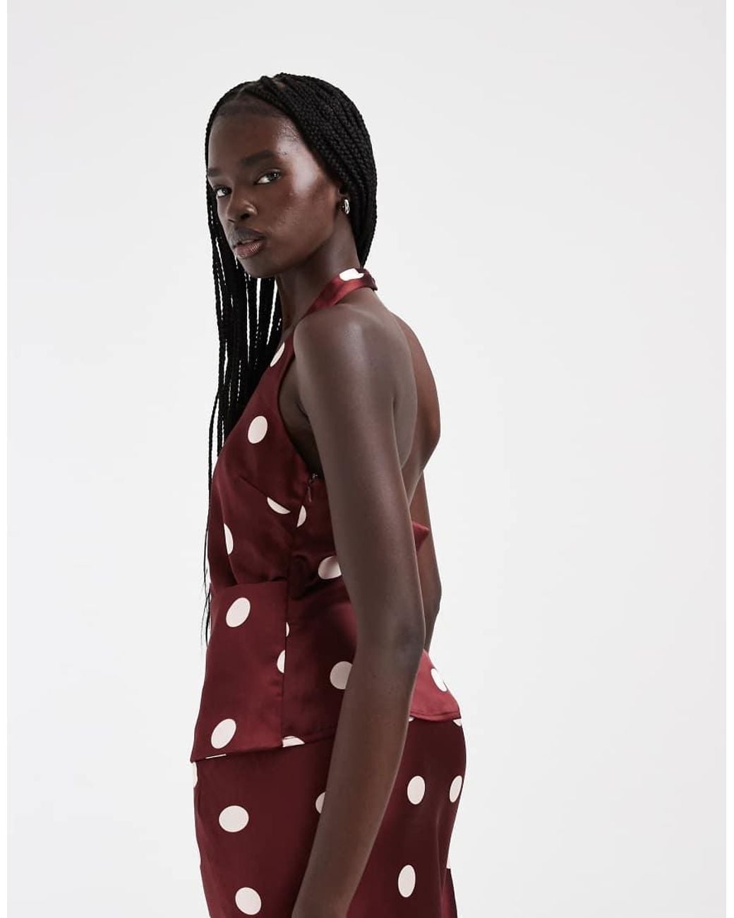 4th & Reckless Red Satin Halterneck Drape Waist Detail Top Co-Ord