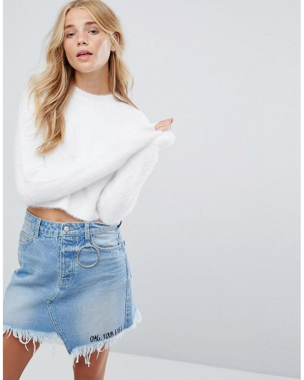 Bershka Fluffy Crop Jumper in White | Lyst