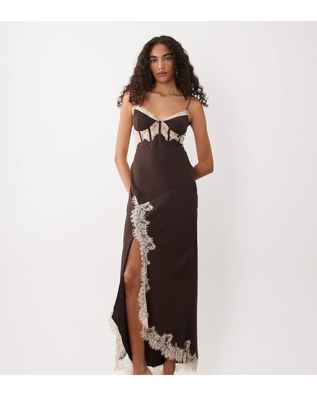 ASOS Brown Asos Design Tall Corset Slip Maxi Dress With Lace And Side Slit
