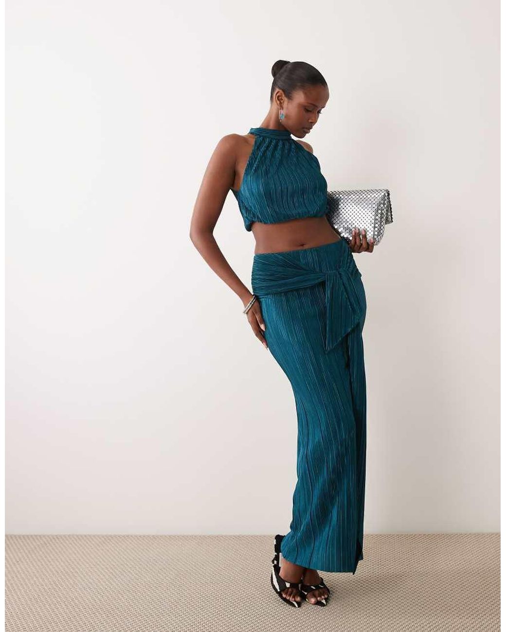ASOS Blue Co-Ord Plisse Cropped Bubble Halter Neck Top