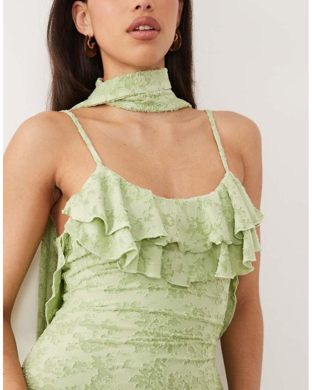 ASOS Green Devore Frill Neckline Maxi Dress With Scarf Detail