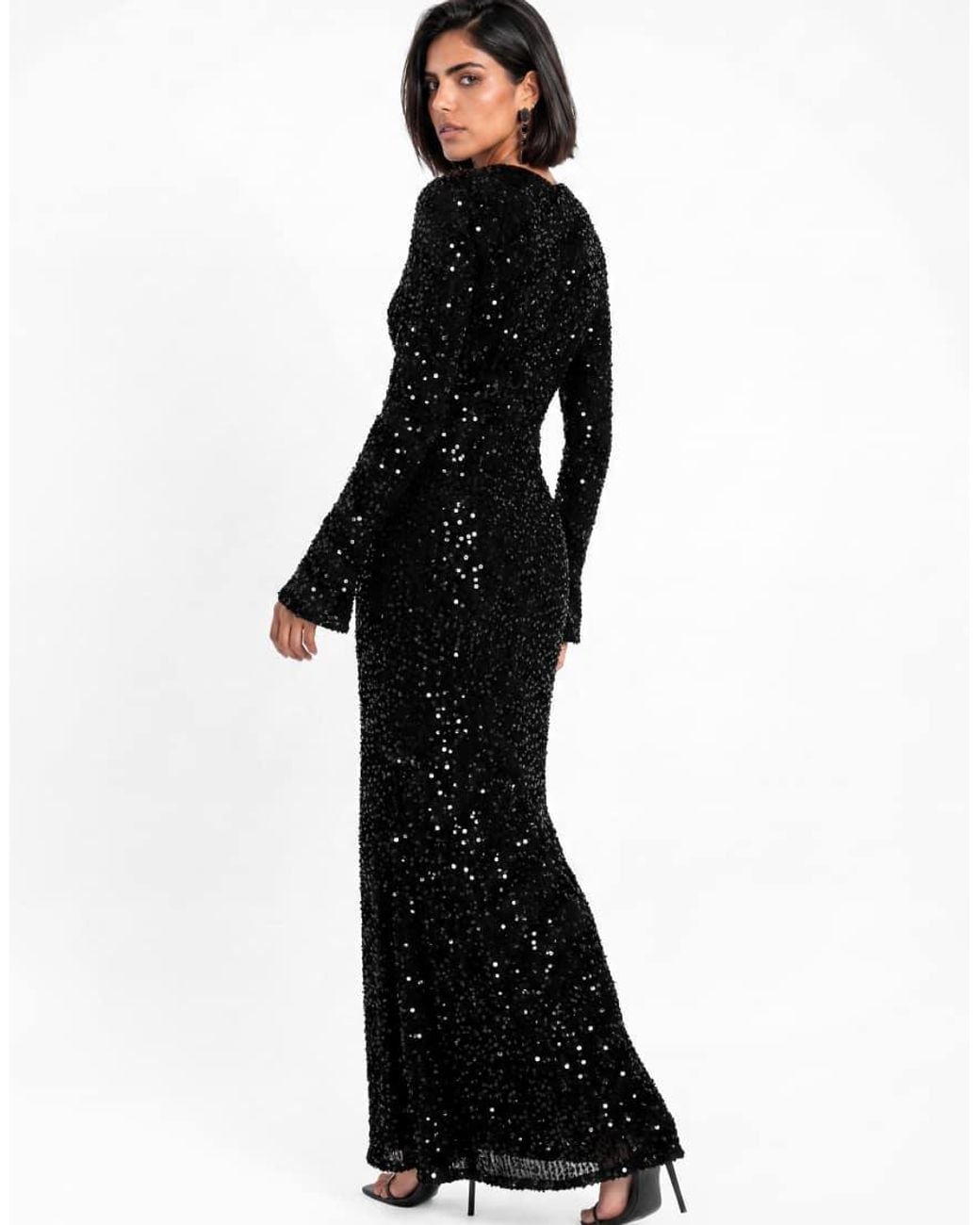 Maya Black Embellished Bell Sleeve Velvet Maxi Dress