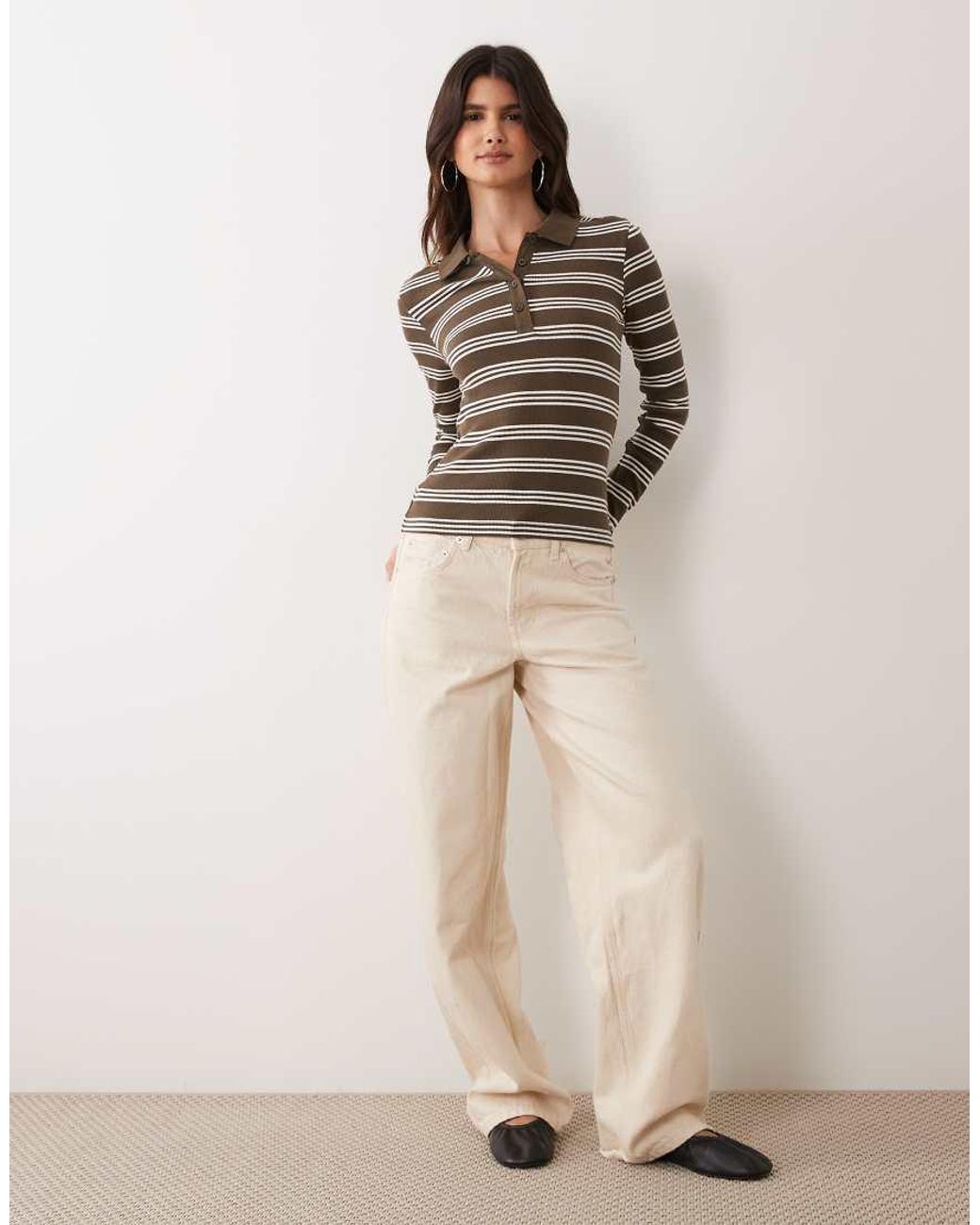 Brave Soul Brown Long Sleeve Ribbed Polo Top