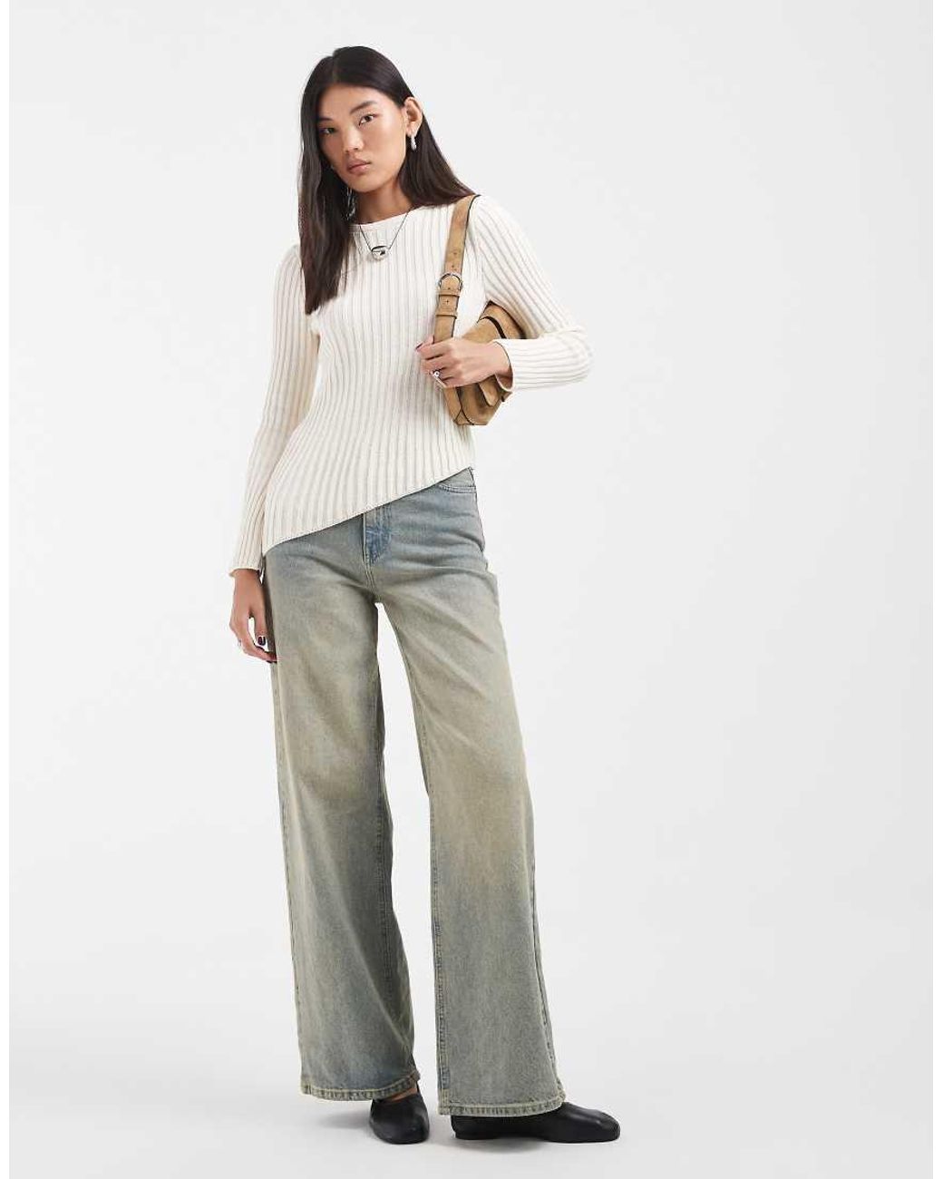ASOS White Knitted Long Sleeve Ribbed Top With Asymmetric Hem