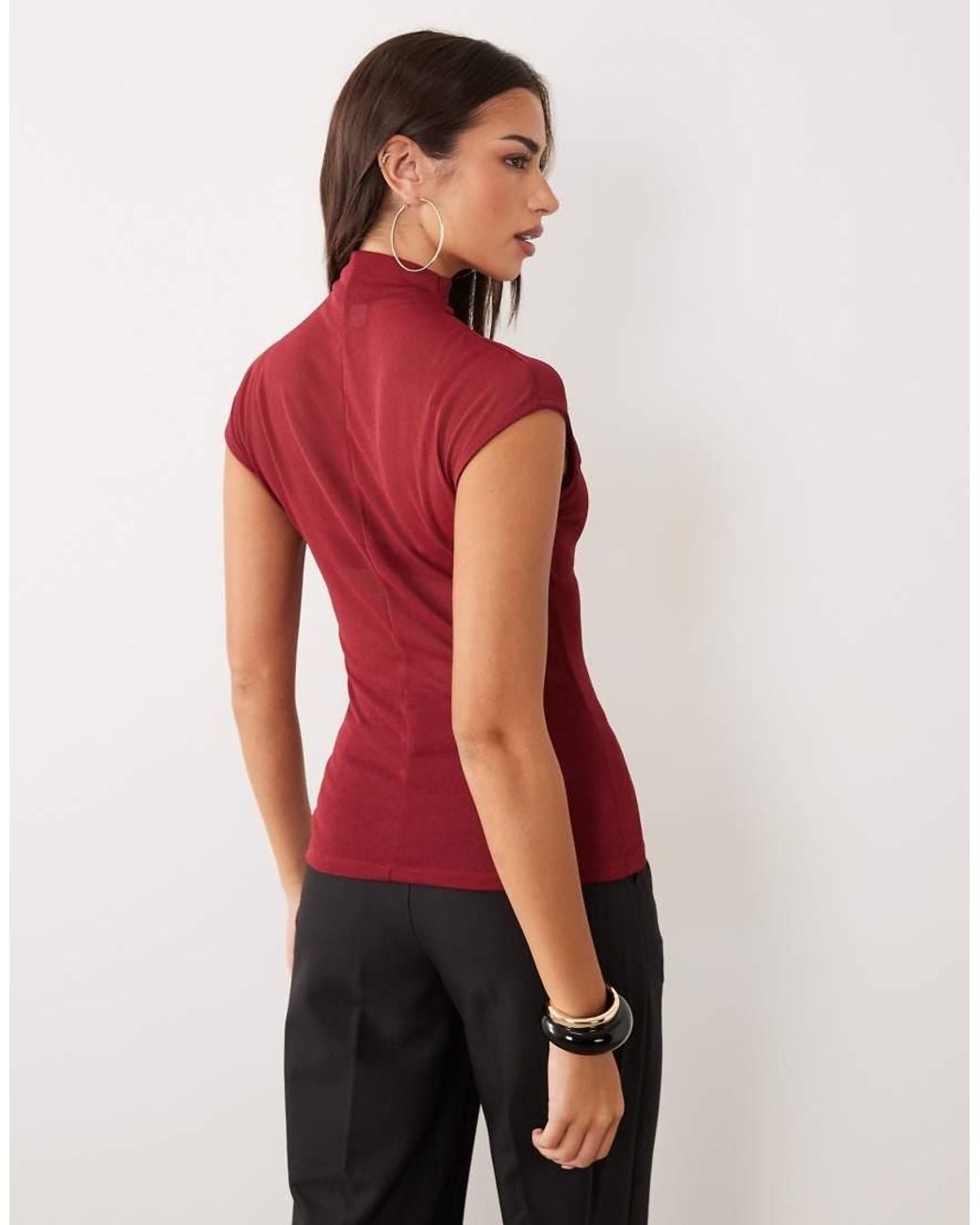 ASOS Red Sheer High Neck Short Sleeve Top With Seam Detail