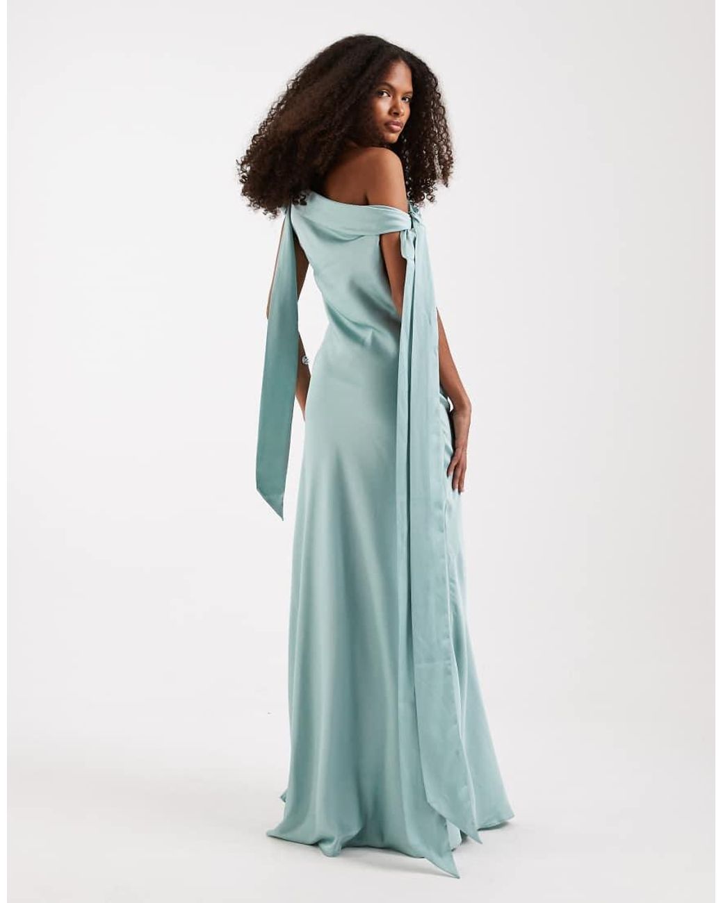 TFNC London Blue Bridesmaids Fallen Shoulder Satin Maxi Dress