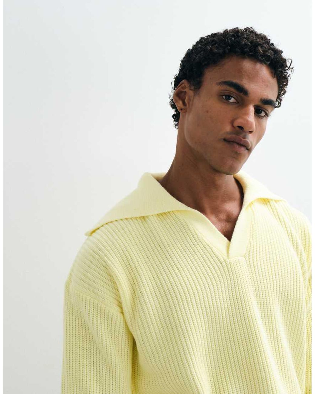 ASOS Yellow Oversized Knitted Extreme Open Collar Polo Jumper for men