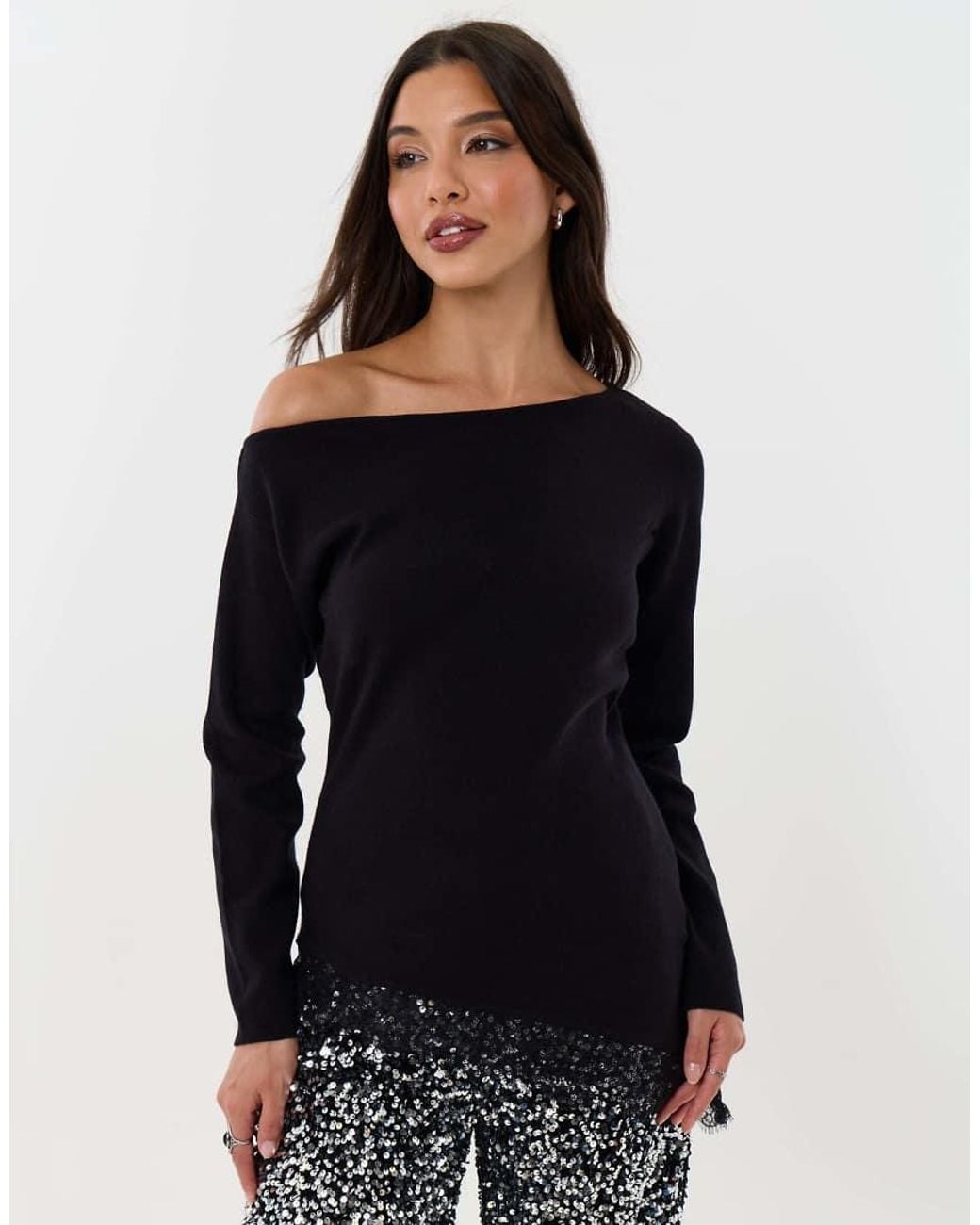 Threadbare Black Lace Hem Slash Neck Jumper
