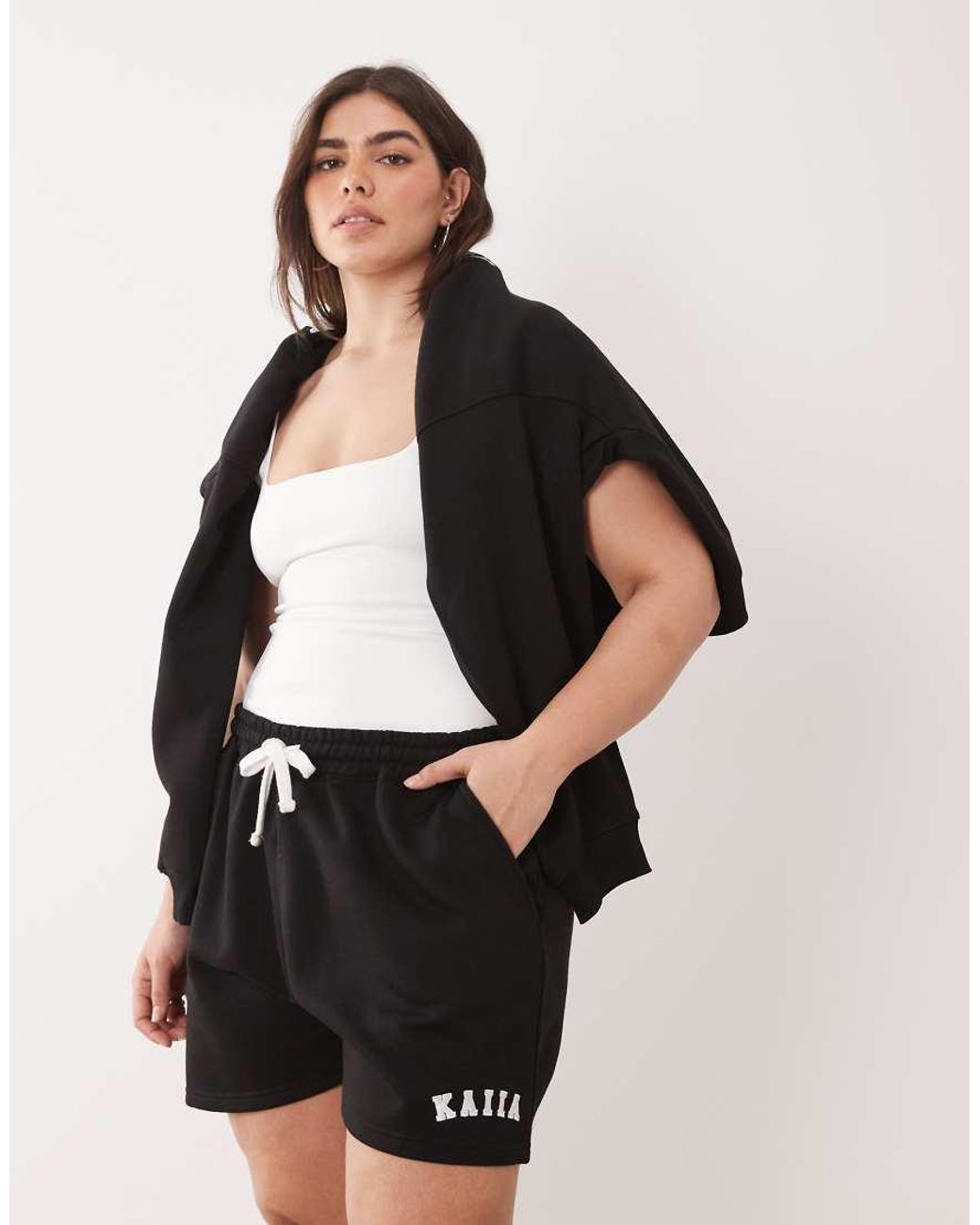 Kaiia Black Plus Cotton Rich Embroidered Logo Sweat Shorts Co-ord