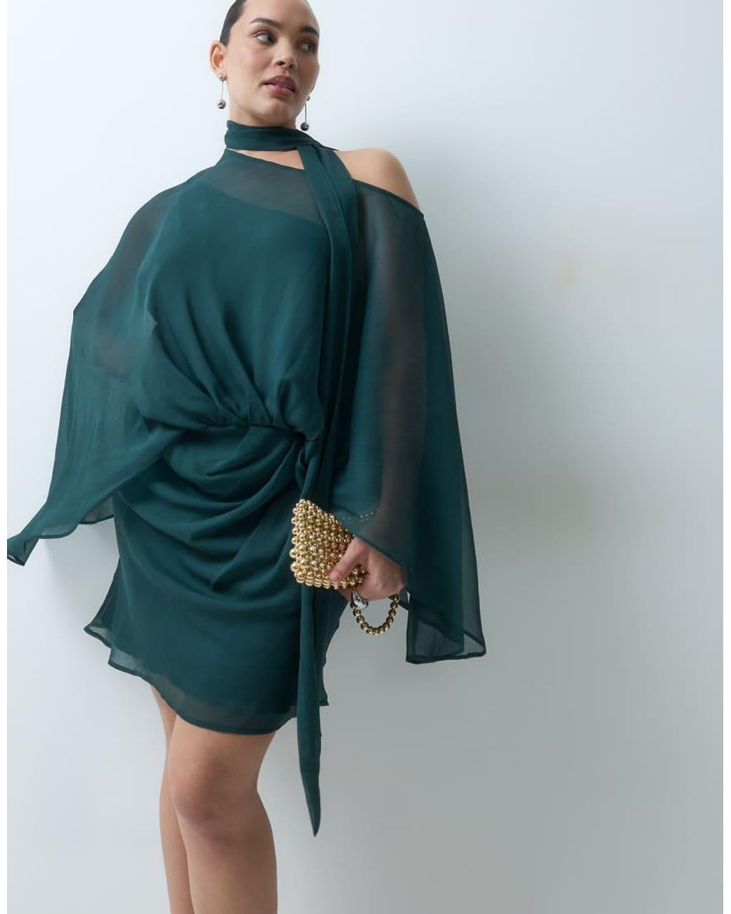 ASOS Green Asos Design Curve Off Shoulder Chiffon Cape Mini Dress With Scarf