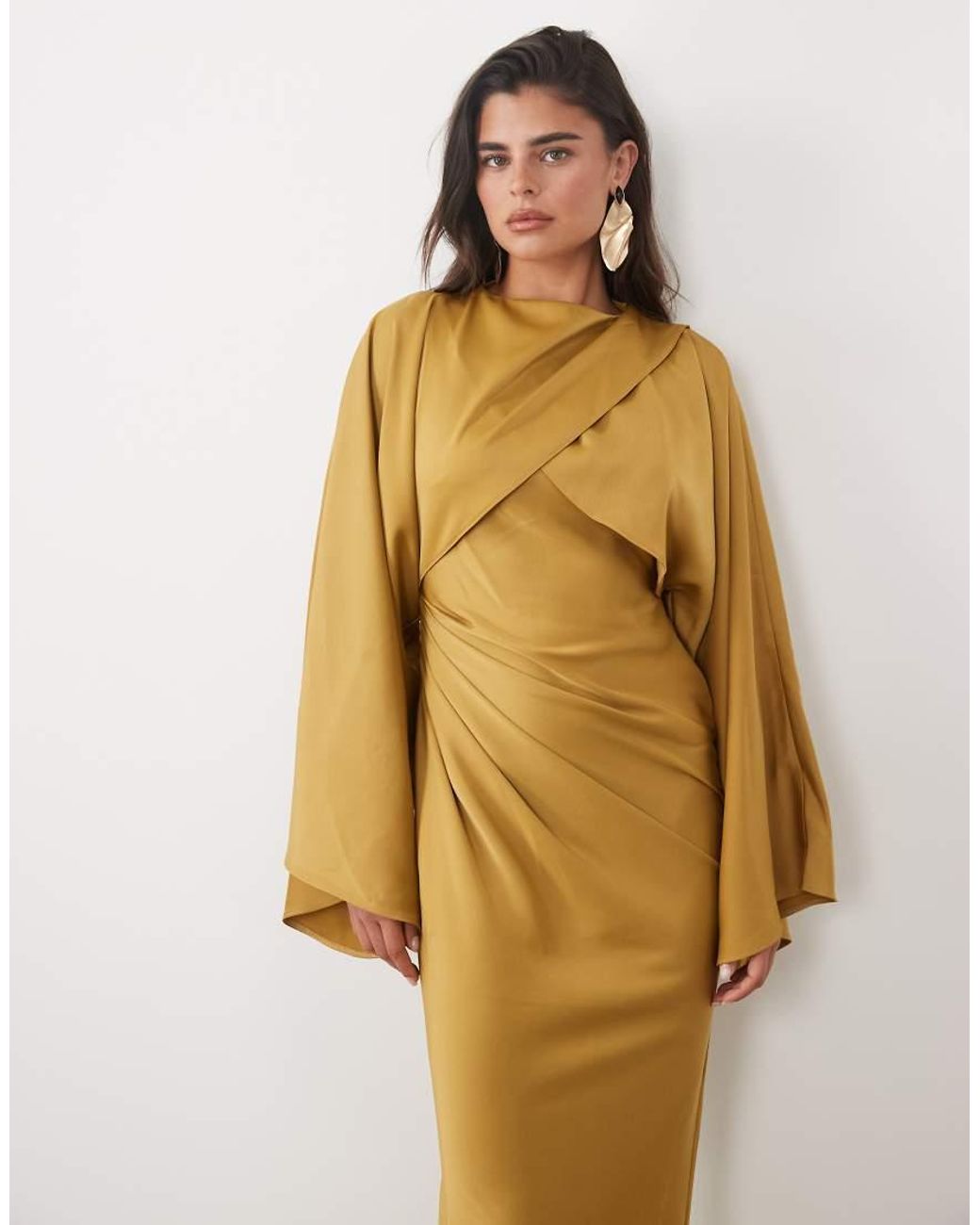 ASOS Metallic Draped Long Sleeve Cross Front High Neck Satin Maxi Dress