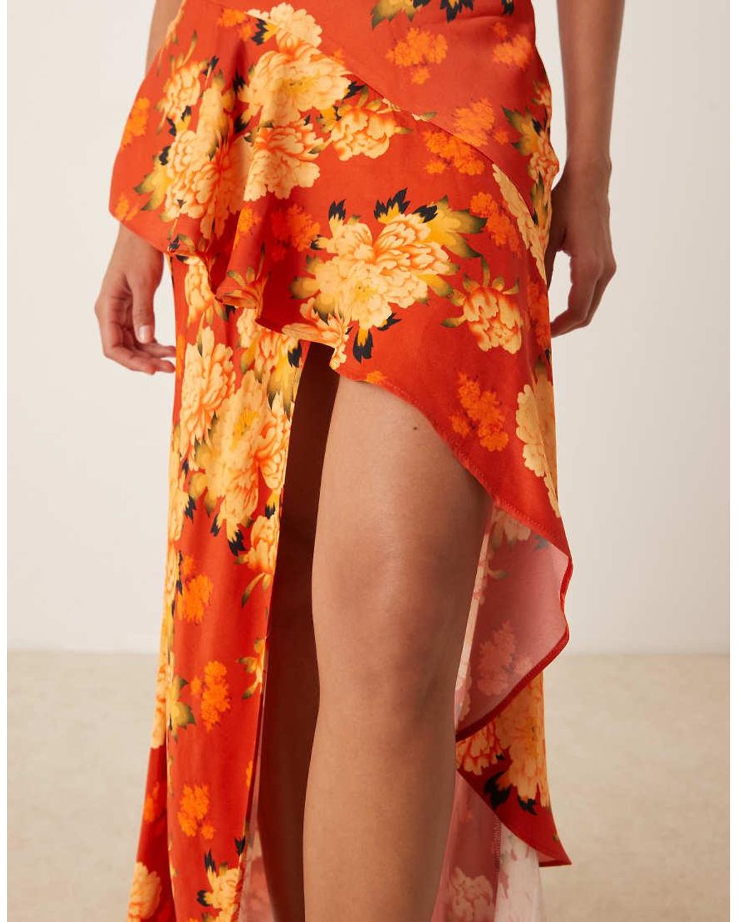 ASOS Orange Satin Slip Halter Neck Maxi Dress With Ruffle Hem Detail