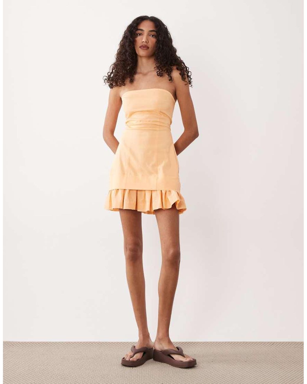 ASOS Natural Asos Design Tall Structured Cotton Bandeau Mini Sundress With Ruffle Hem