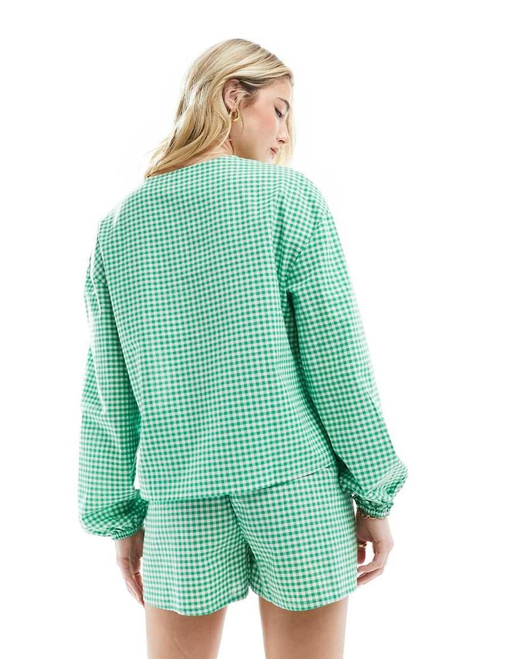 esmé studios Green Esmee Long Sleeve Gingham Tie Front Beach Shirt