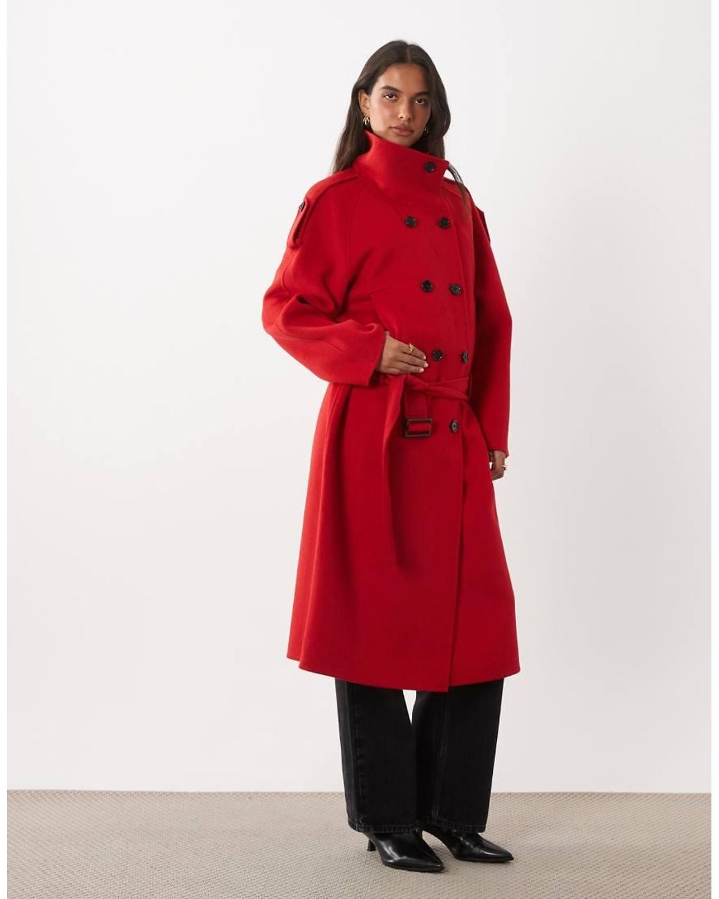 Mango Red Wool Mix Funnel Neck Coat