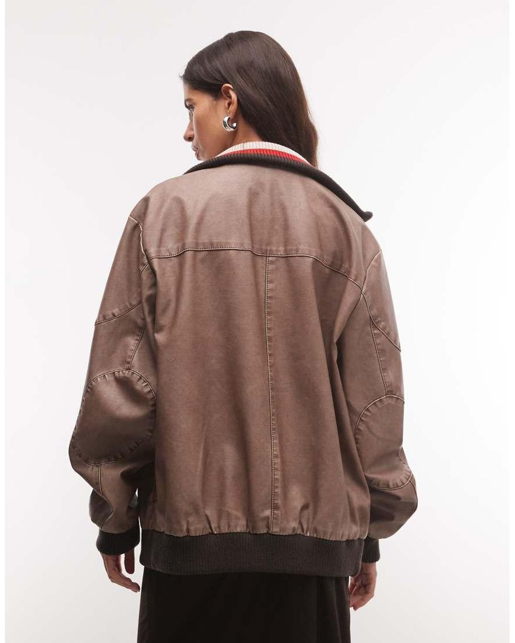 Reclaimed Vintage Brown Contrast Rib Collar Distressed Faux Leather Bomber