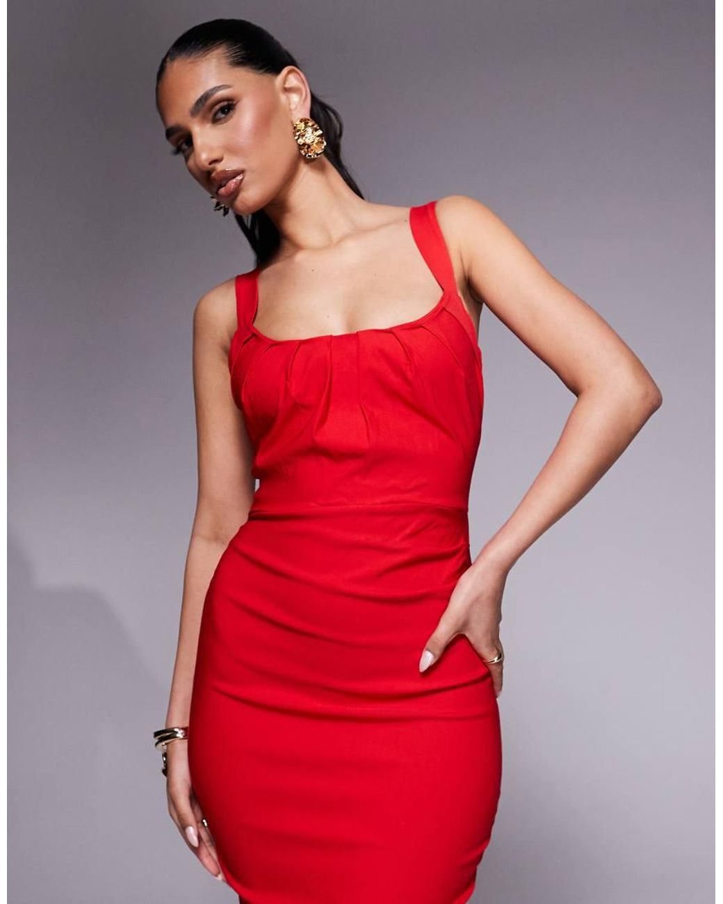Vesper Red Square Neck Ruched Bust Bodycon Midi Dress
