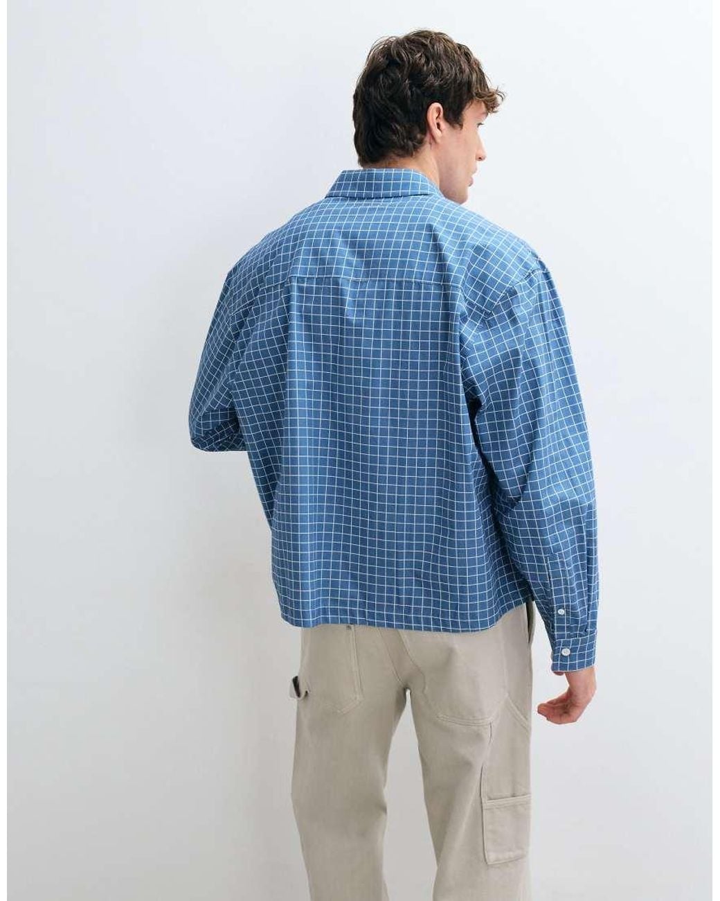 ASOS Blue Boxy Oversized Micro Check Shirt for men