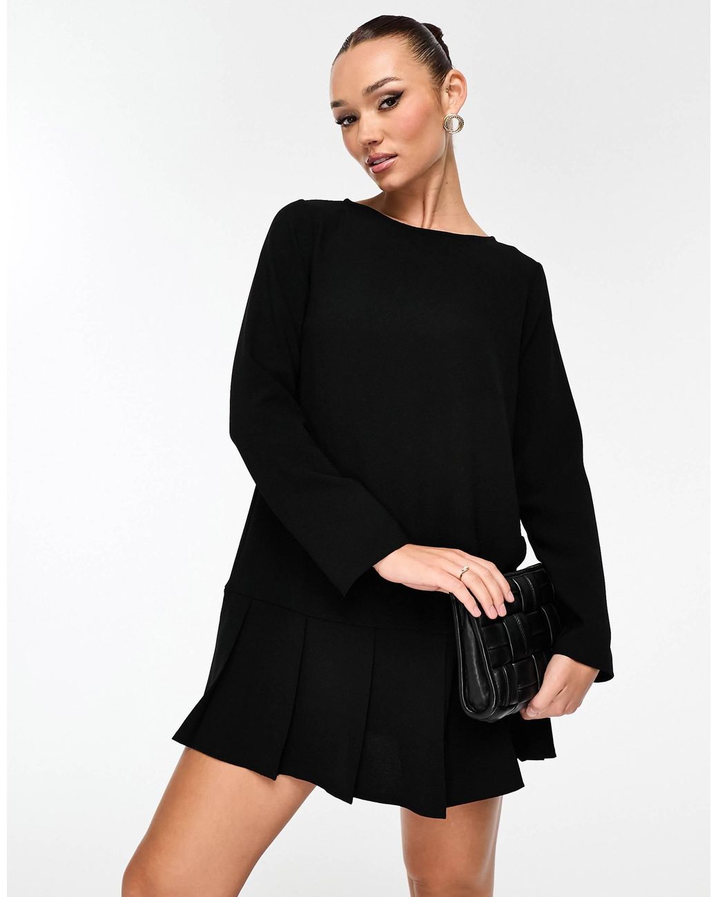 ASOS Long Sleeve Dropped Waist Box Pleat Mini Dress in Black | Lyst