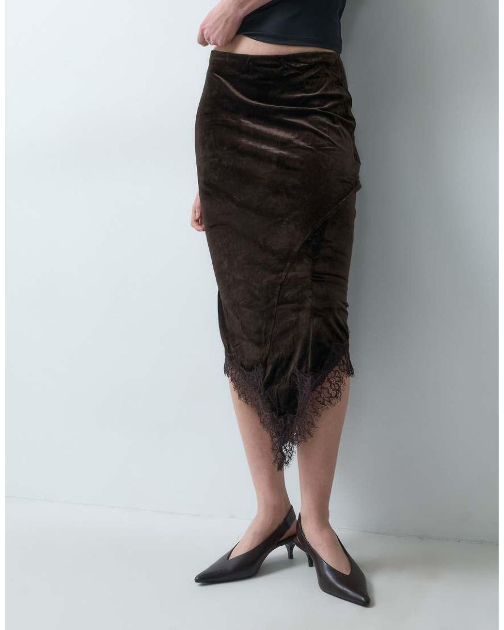 Vila Multicolor Asymmetric Hem Velvet Midi Skirt With Lace Trim