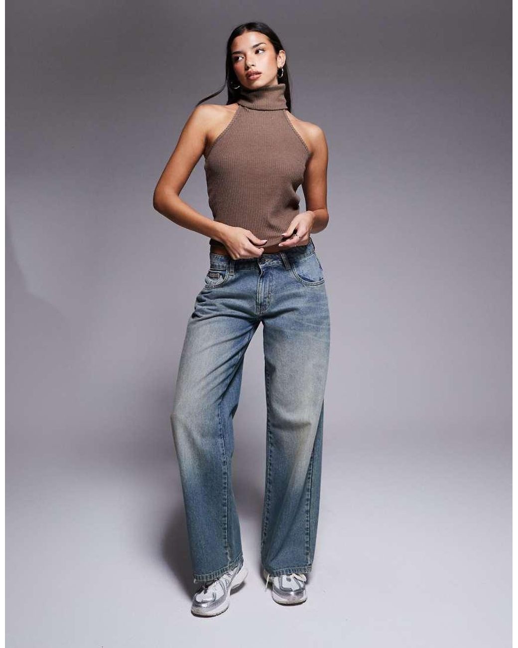 River Island Blue Ribbed Roll Neck Halterneck Top
