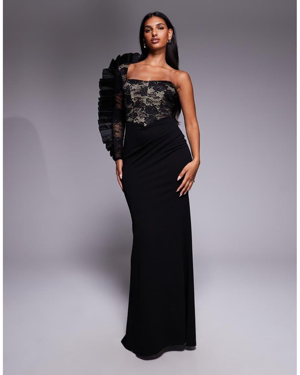 Goddiva Black One Shoulder Organza Fan Detail Lace Bodice Maxi Dress