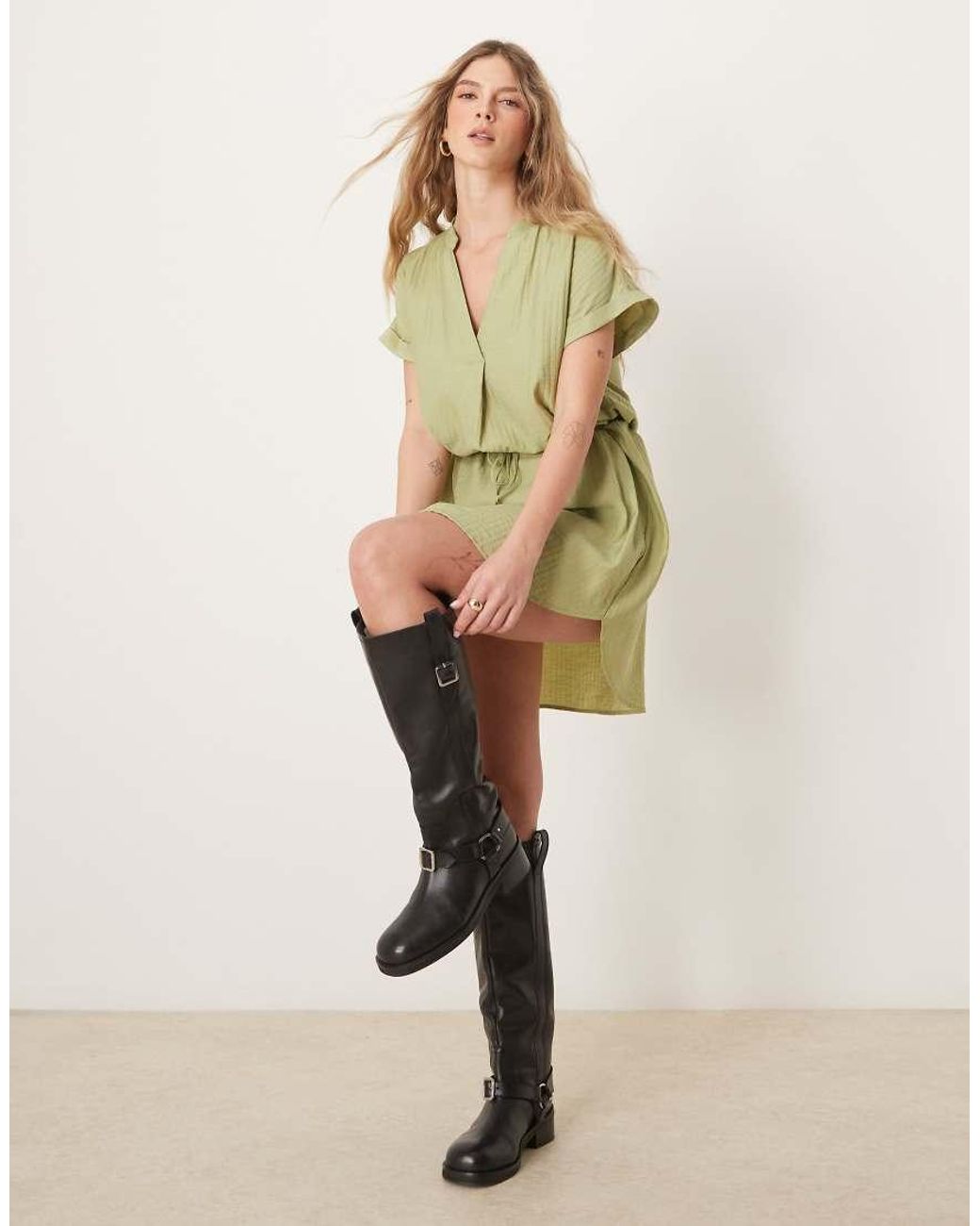 Vila Green Short Sleeve Tie Waist Notch Neck Mini Dress