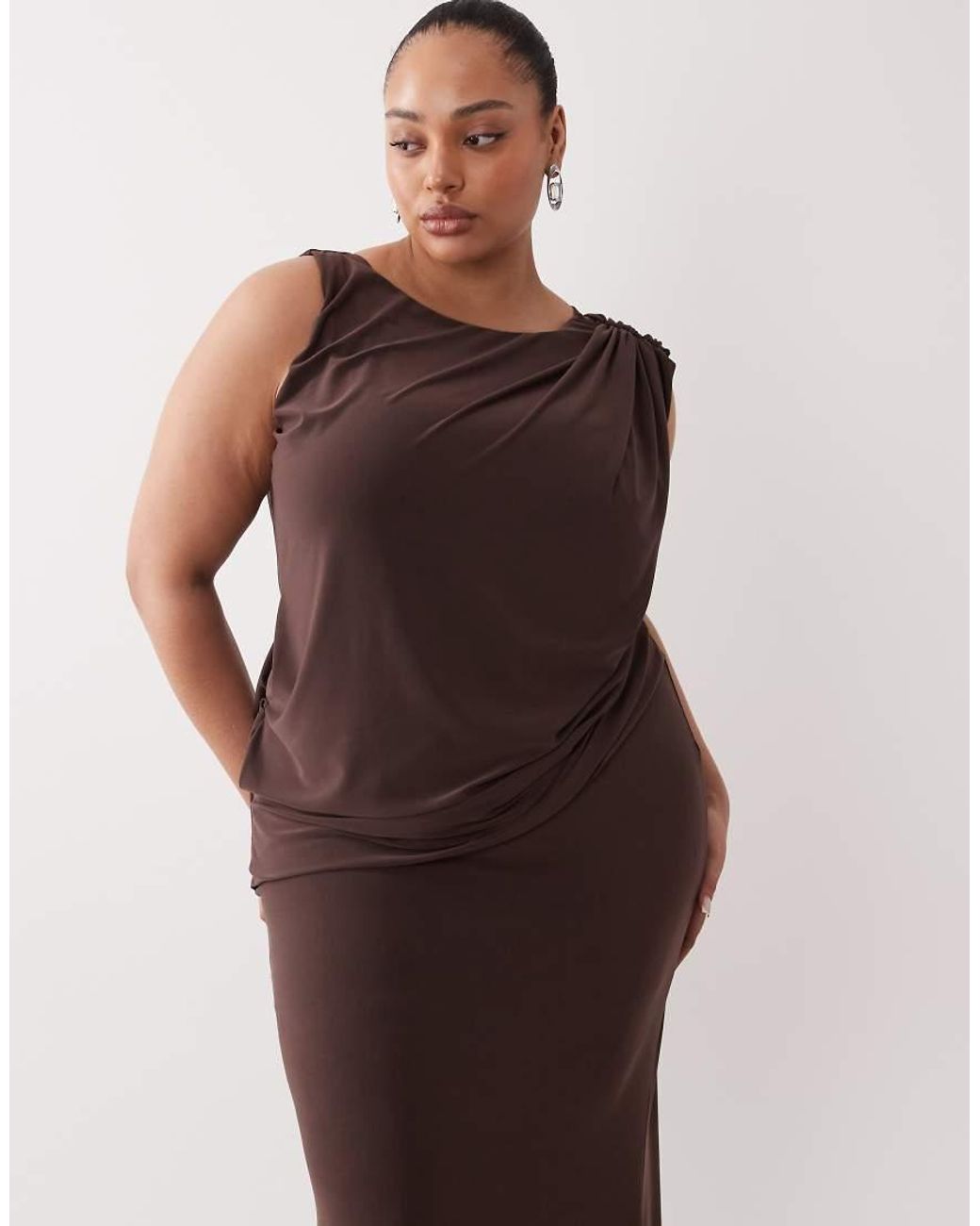 ASOS Brown Asos Design Curve Slinky Asymmetric Drape Maxi Dress With Cowl Back