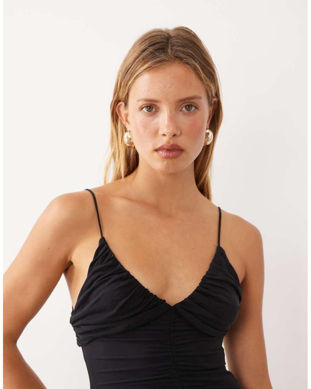 Mango Black V Neck Strappy Ruched Midi Dress