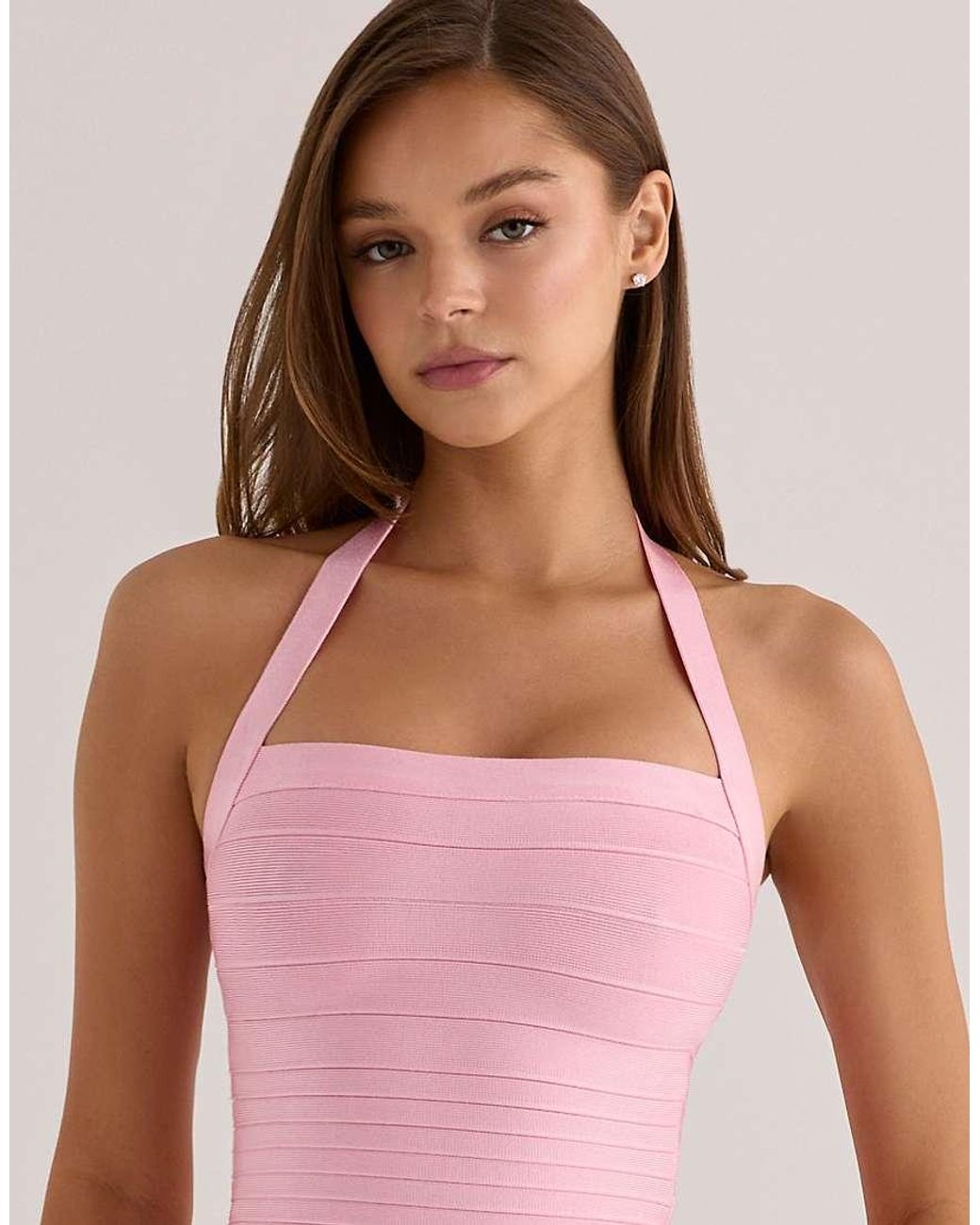 House Of Cb Pink The Silhouette Lychee Halter Neck Bandage Mini Dress