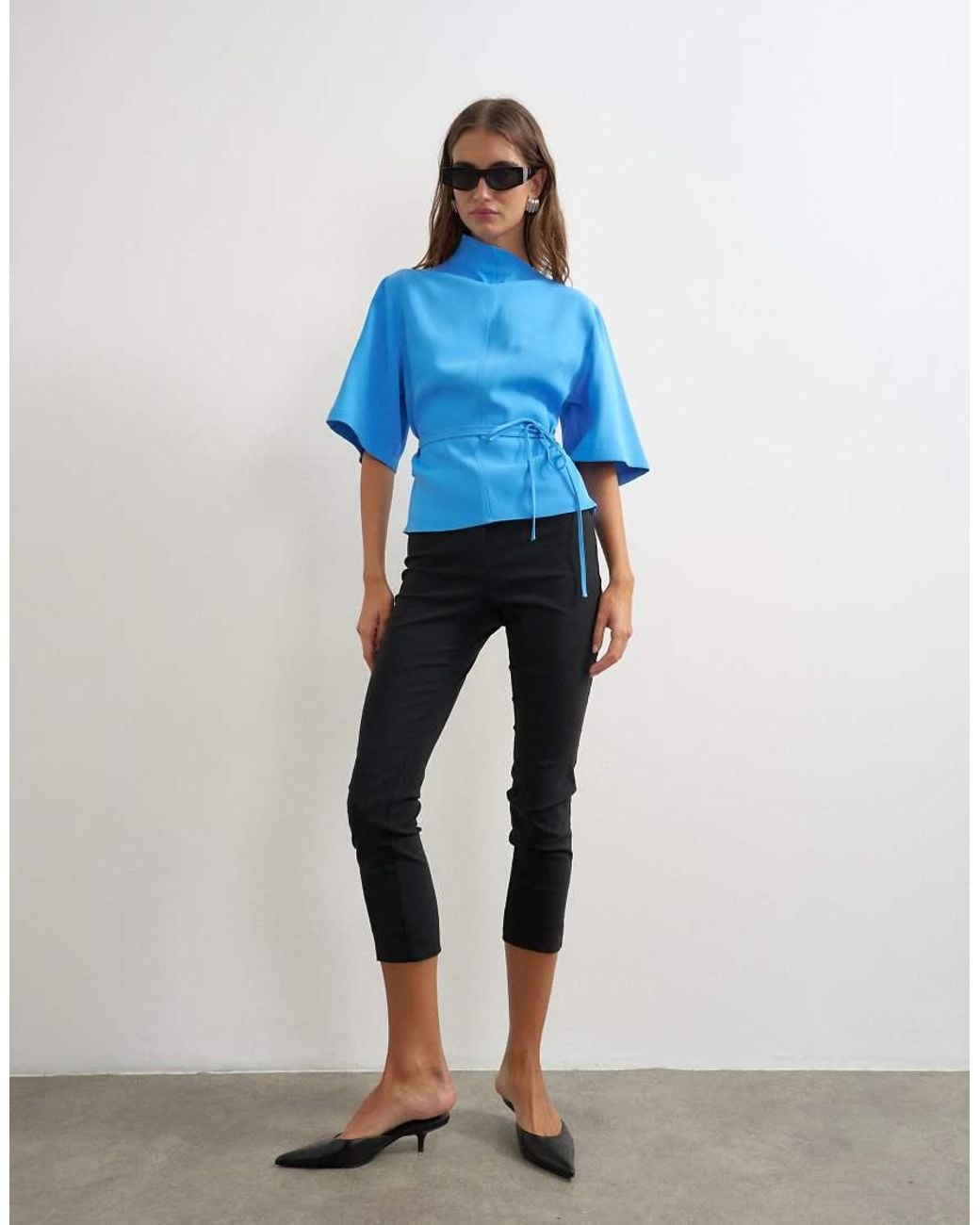 TOPSHOP Blue High Neck Tie Detail Short Sleeved Top